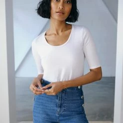 White + Warren Tops + Tees Cotton Modal Elbow Sleeve Scoopneck Tee