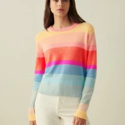 White + Warren Pattern Shop Cashmere Striped Shrunken Crewneck