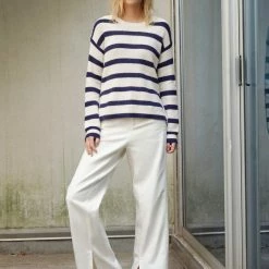 White + Warren Cotton Striped Side Button Crewneck
