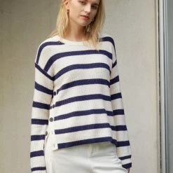 White + Warren Cotton Striped Side Button Crewneck