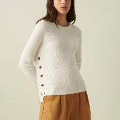 White + Warren Sweaters Cotton Side Button Crewneck