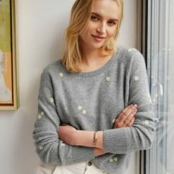 White + Warren Cashmere Embroidered Daisy Sweatshirt