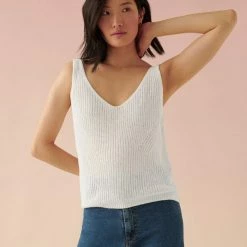 White + Warren Linen Ribbed V Neck Tank