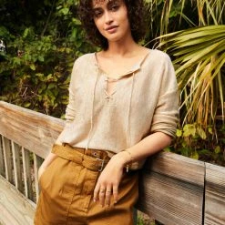White + Warren Vacation Wardrobe Linen Slub Lace Up Top