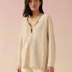 White + Warren Sales 8 White + Warren Vacation Wardrobe Linen Slub Lace Up Top