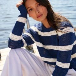 White + Warren Cotton Striped Mesh Crewneck Summer Staples