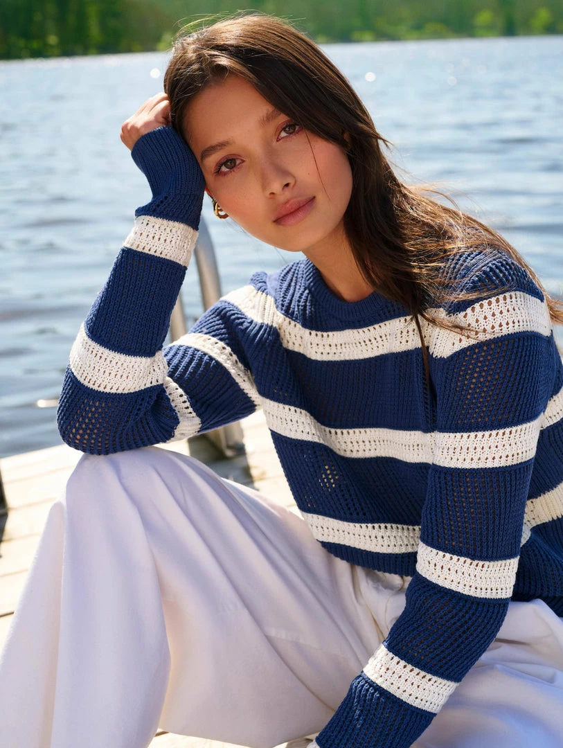 Best Sale ⌛ White + Warren Cotton Striped Mesh Crewneck ☀️ Summer Staples ⌛ 2 White + Warren Cotton Striped Mesh Crewneck Summer Staples