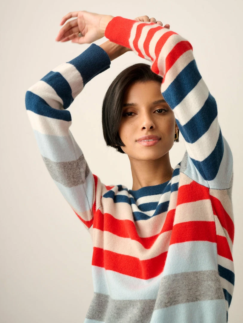 Wholesale 🎉 White + Warren Cashmere Mixed Stripe Crewneck Best-Sellers 🎁 3 White + Warren Cashmere Mixed Stripe Crewneck Best-Sellers